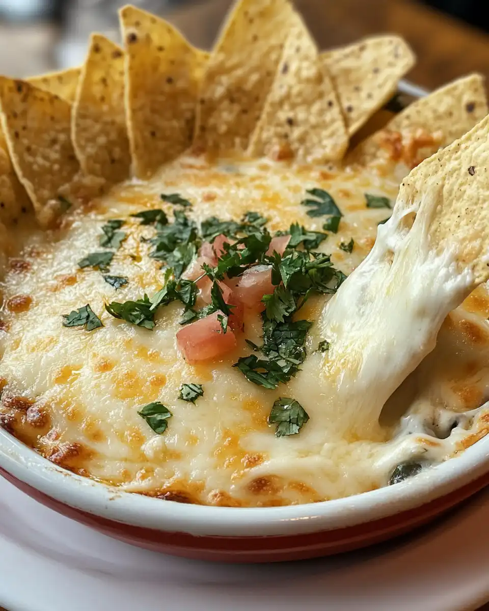Creamy finished white American cheese dip with green chiles and jalapeno pieces served warm