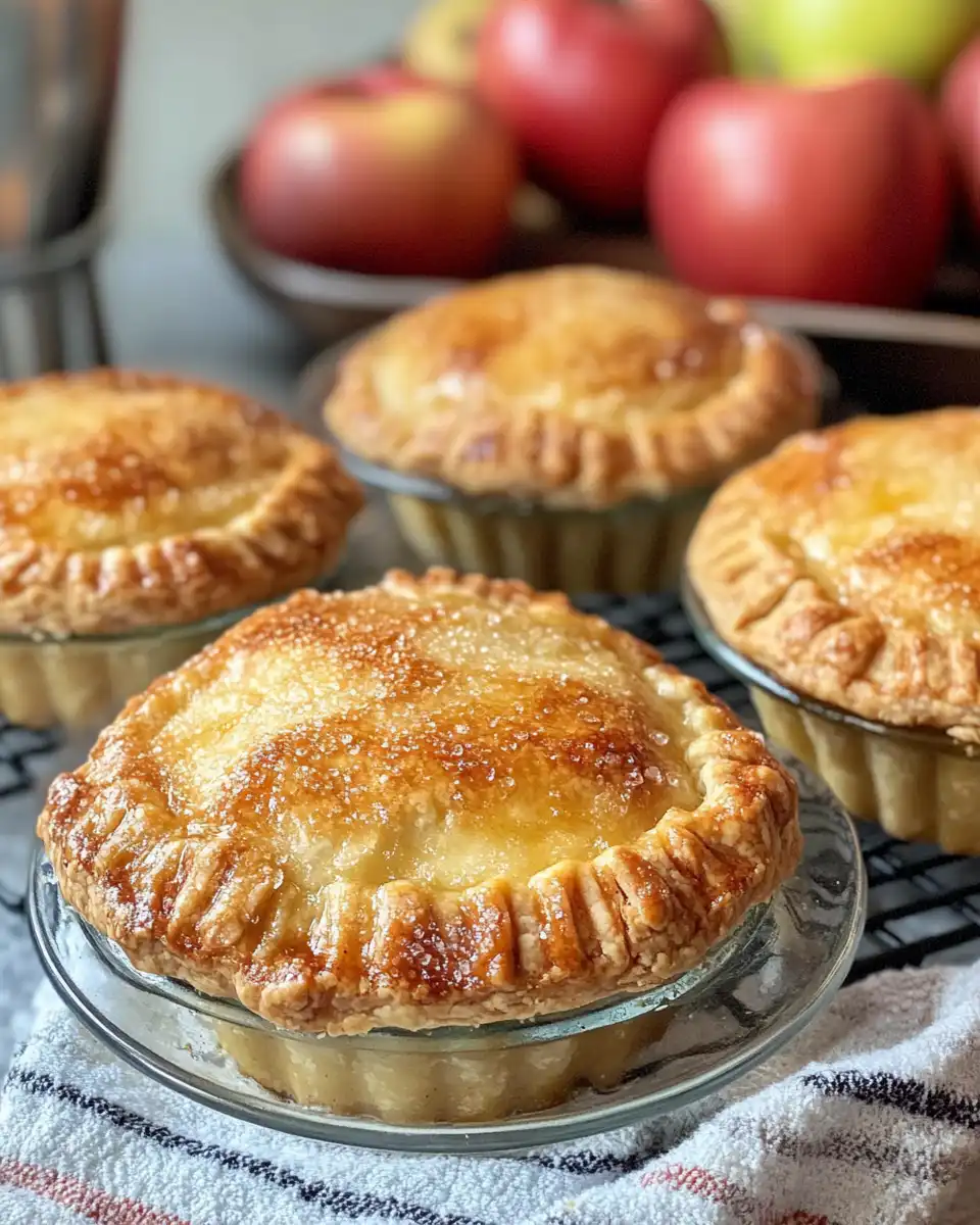 Close up of mini apple pies showing flaky golden crust and juicy filling