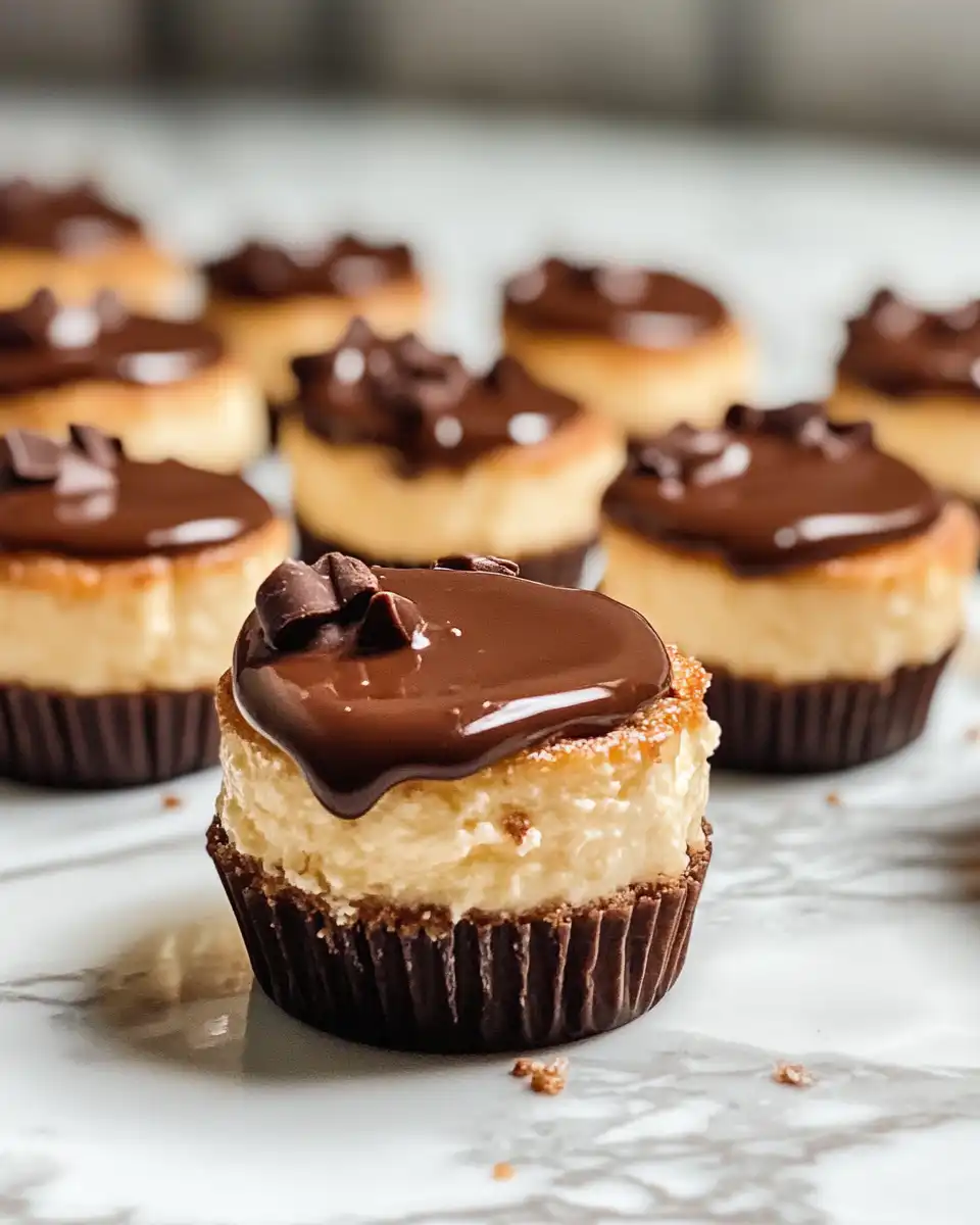 Finished mini chocolate cheesecakes drizzled with melted chocolate