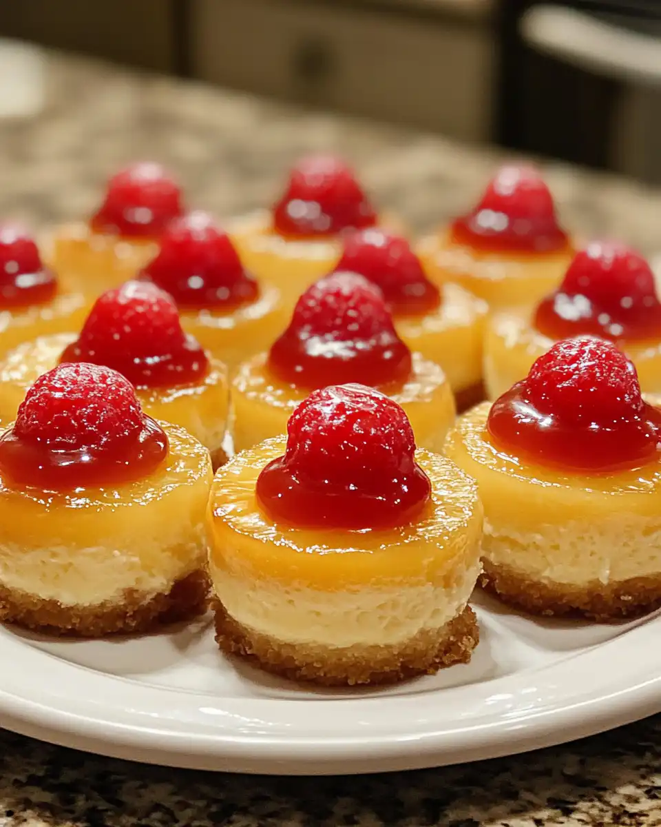 Finished mini pineapple upside down cakes ready to serve on a plate