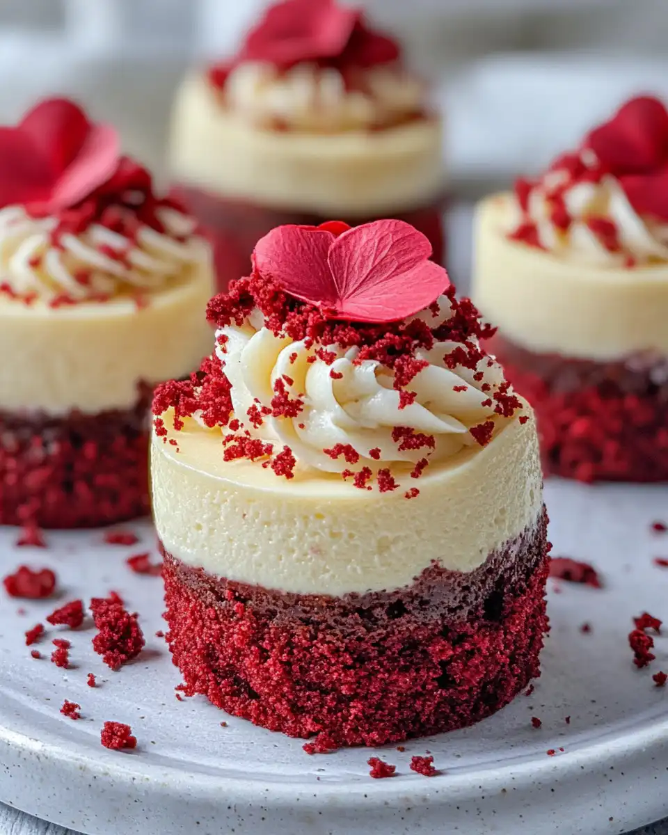 Close up of finished mini red velvet cheesecakes with decorative frosting swirls
