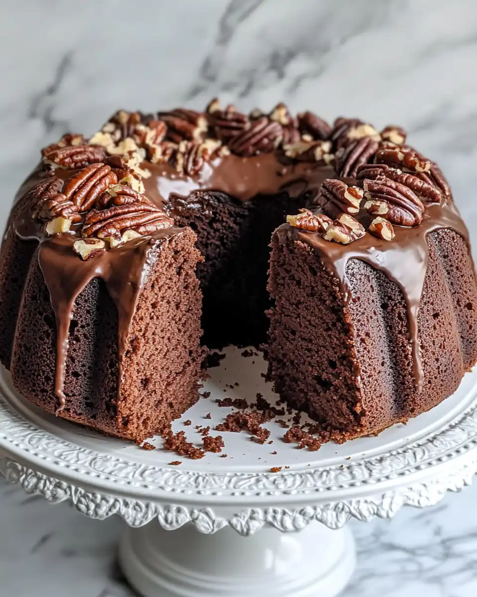 Chocolate pecan pound cake with chocolate pecan frosting sliced and served