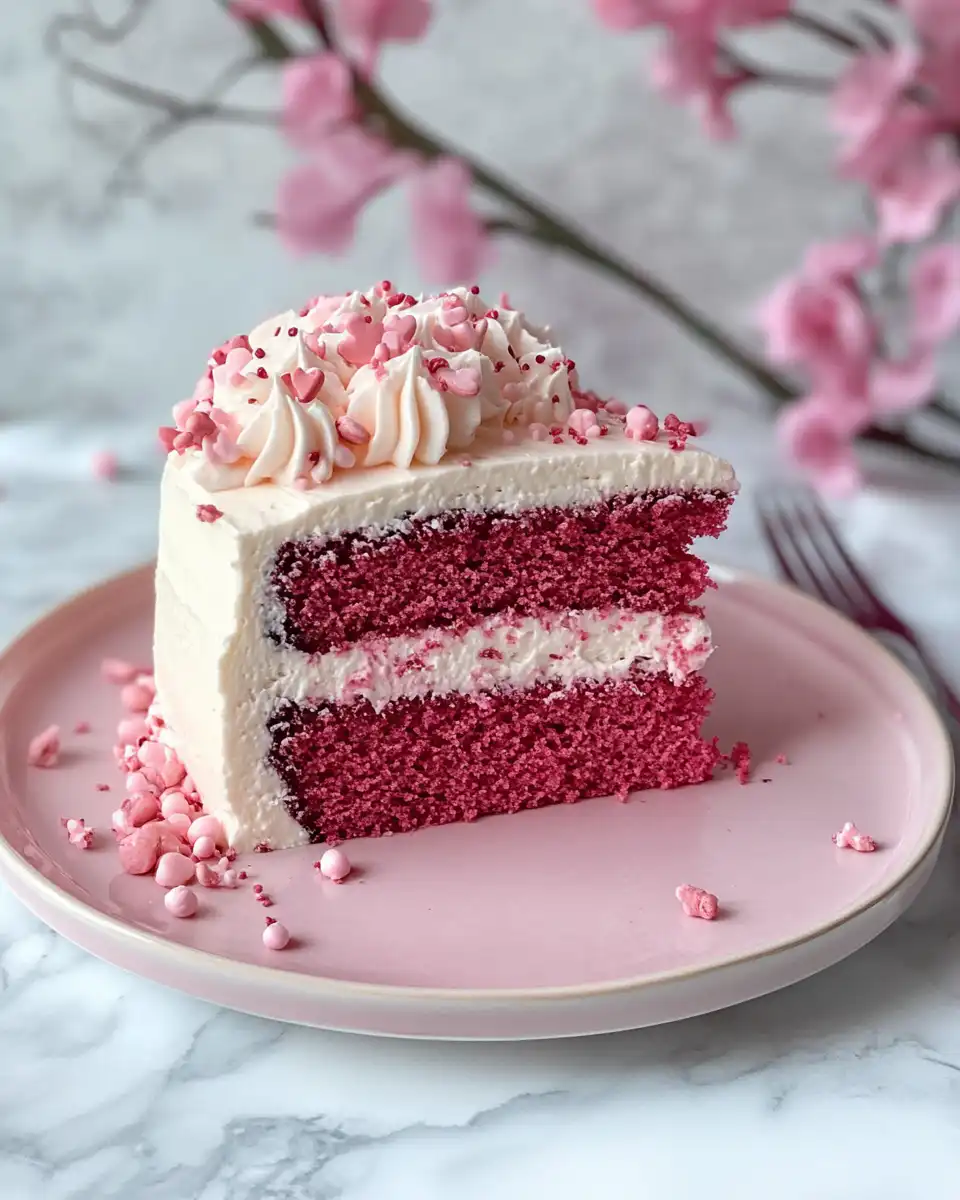 Ingredients for pink velvet cake including cake flour, butter, eggs, and food coloring