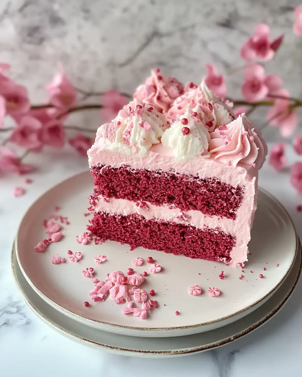 Slices of finished pink velvet cake with cream cheese frosting served on a plate