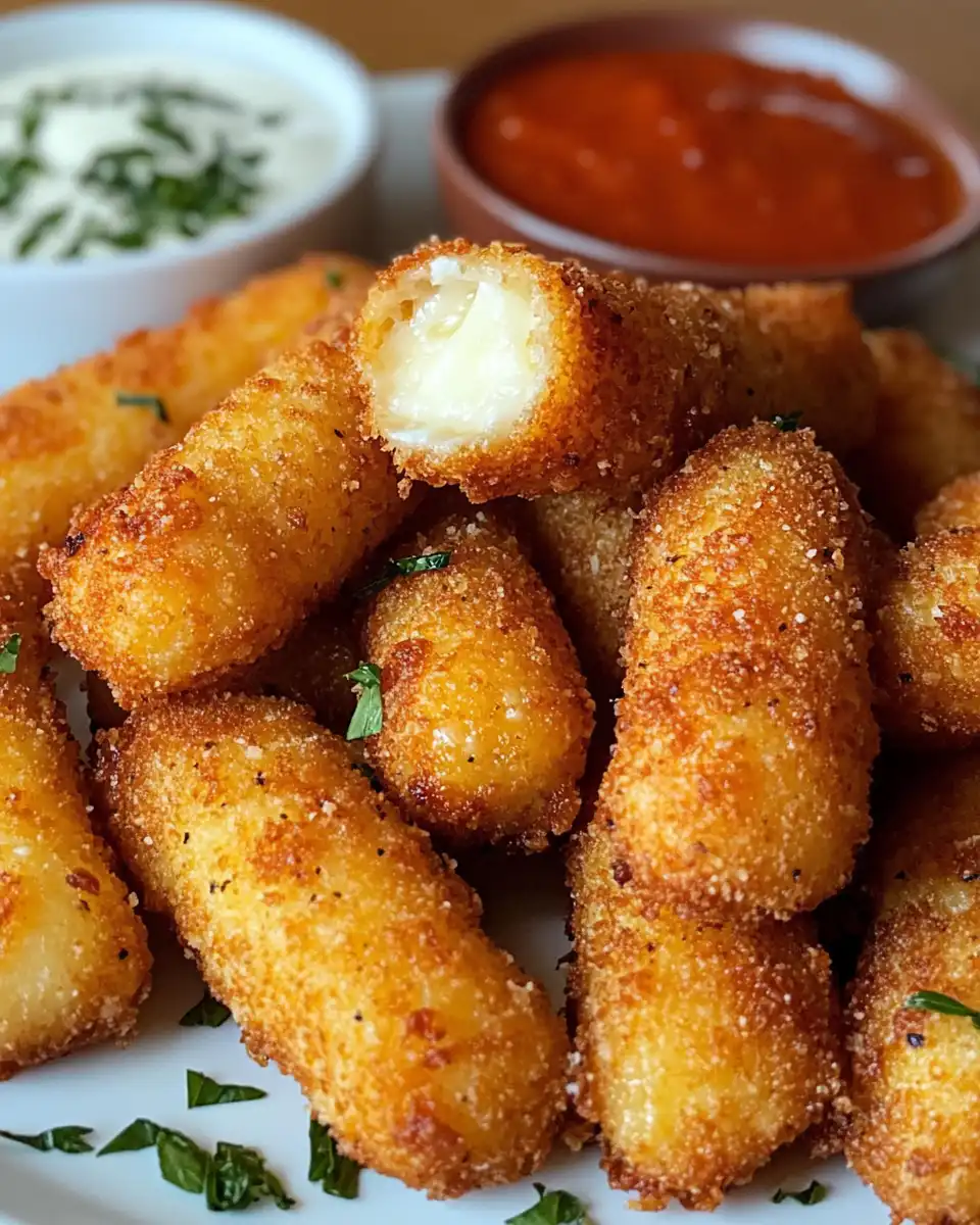 Ingredients laid out for making mozzarella sticks with eggs, breadcrumbs, and cheese