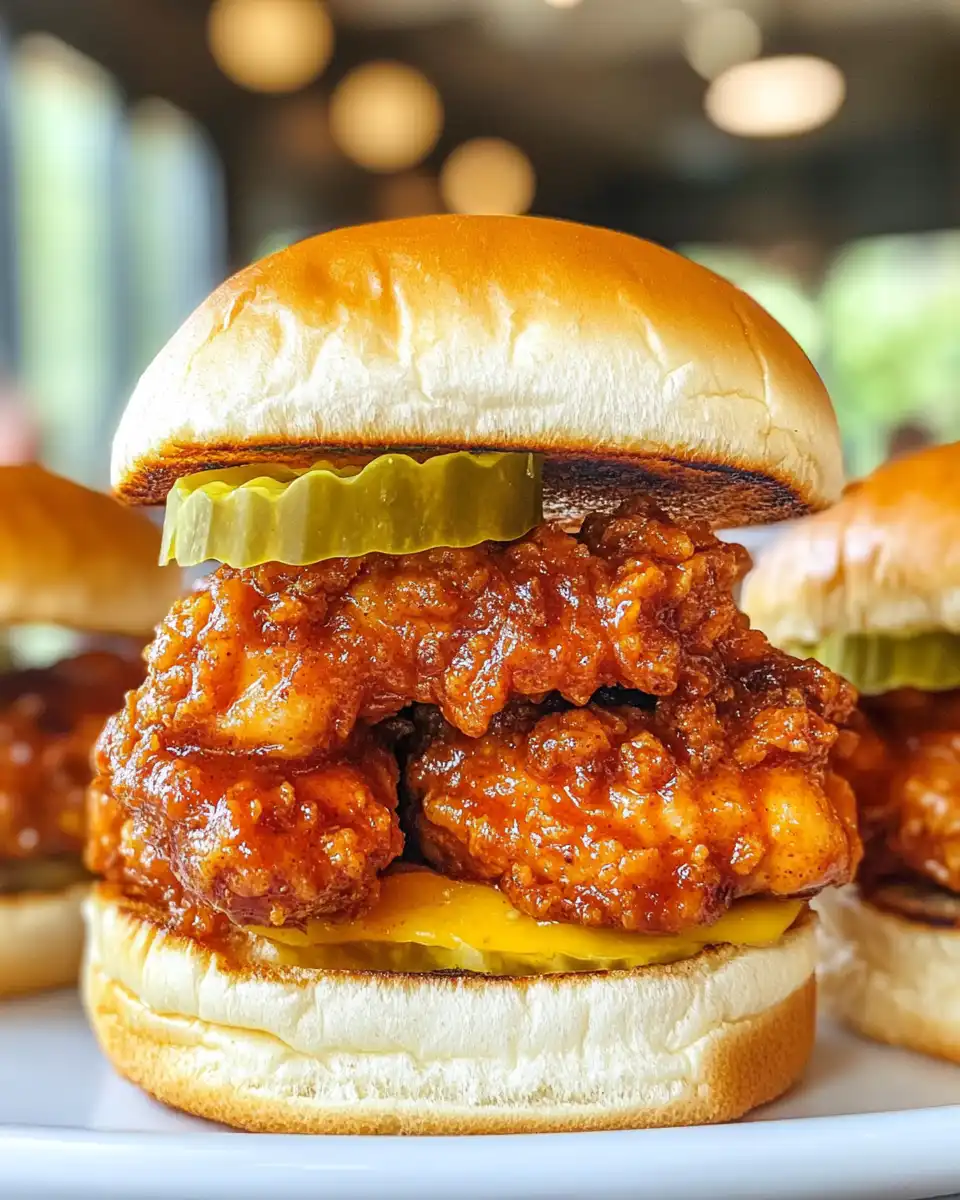 Nashville hot chicken sliders ready to serve with pickles and cabbage slaw