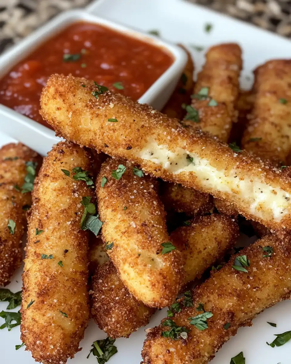 Frying Nashville hot mozzarella sticks in hot oil to golden crisp
