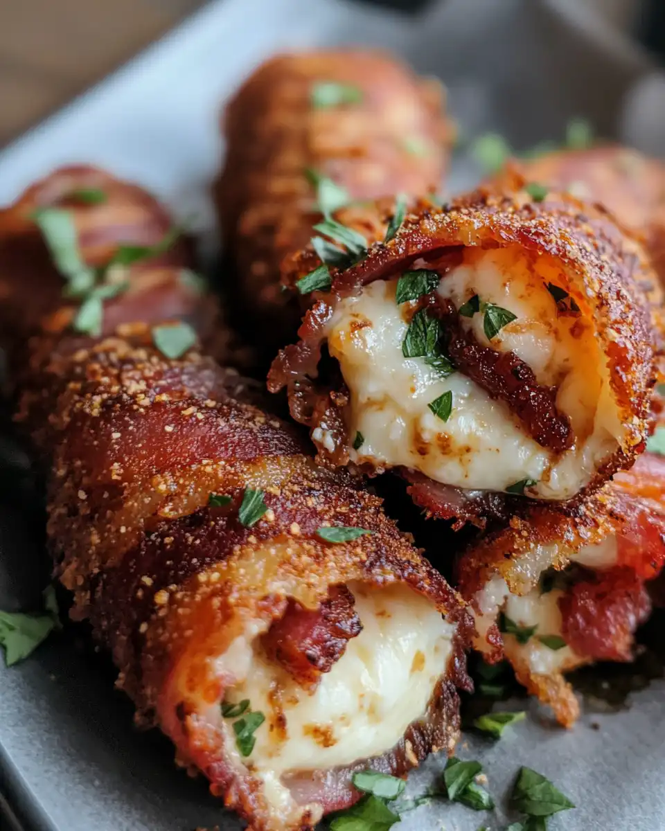Seasoned chicken stuffed into manicotti shells wrapped with bacon
