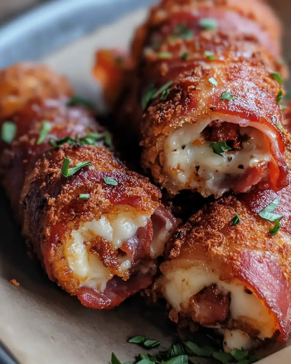 Crispy bacon wrapped manicotti served on plate