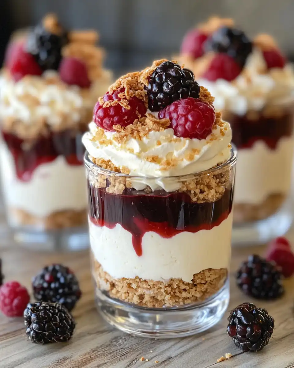 Layered no-bake cheesecake parfait with fruits and whipped cream
