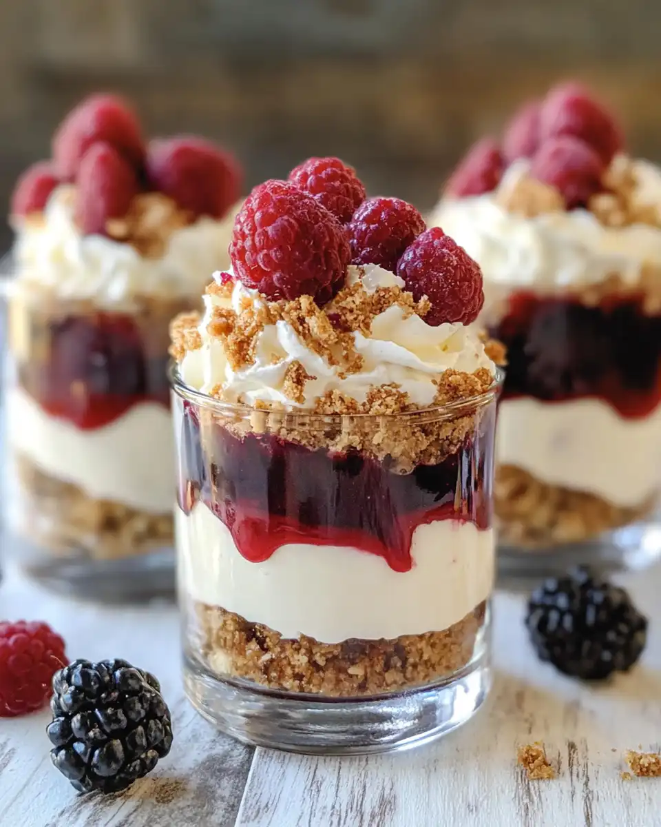Close-up of no-bake cheesecake parfait topped with whipped cream and fruit