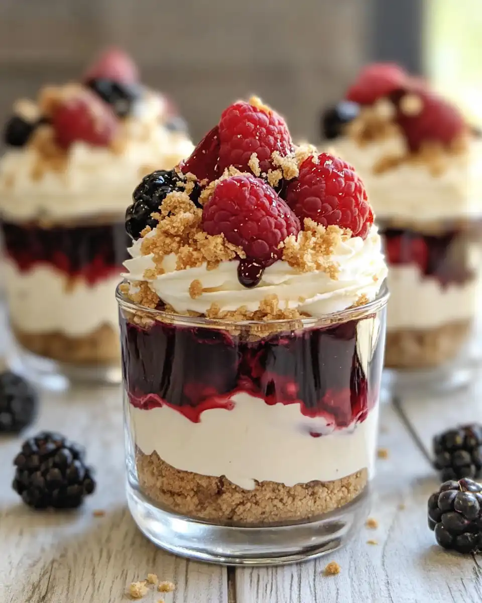 No-bake cheesecake parfaits in glasses with fruit and whipped cream