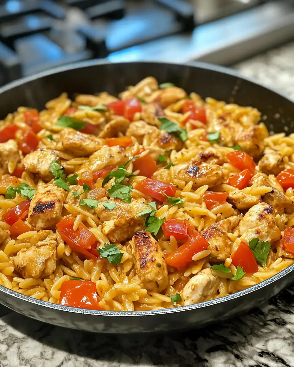 Finished one pot Cajun chicken alfredo orzo plated and garnished with parsley