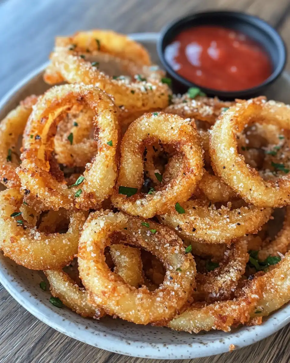 Golden crispy onion ring chips served with tzatziki dip