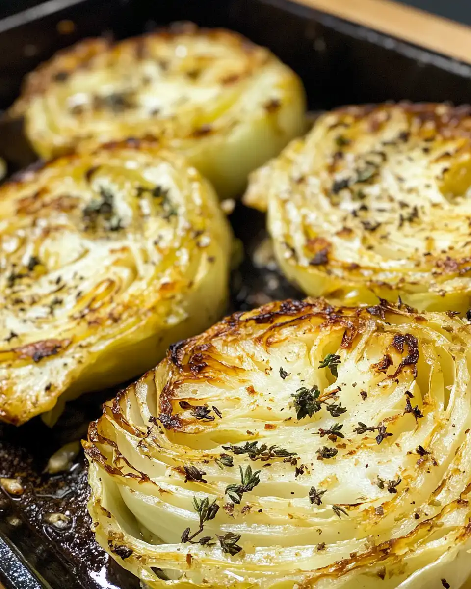 Seasoned cabbage steaks brushed with olive oil and smashed garlic
