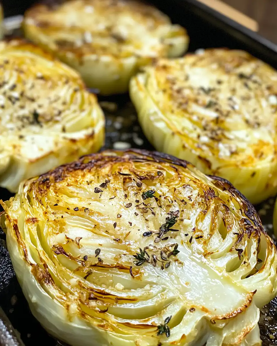 Tender pull and browned edges of garlic rubbed roasted cabbage steaks