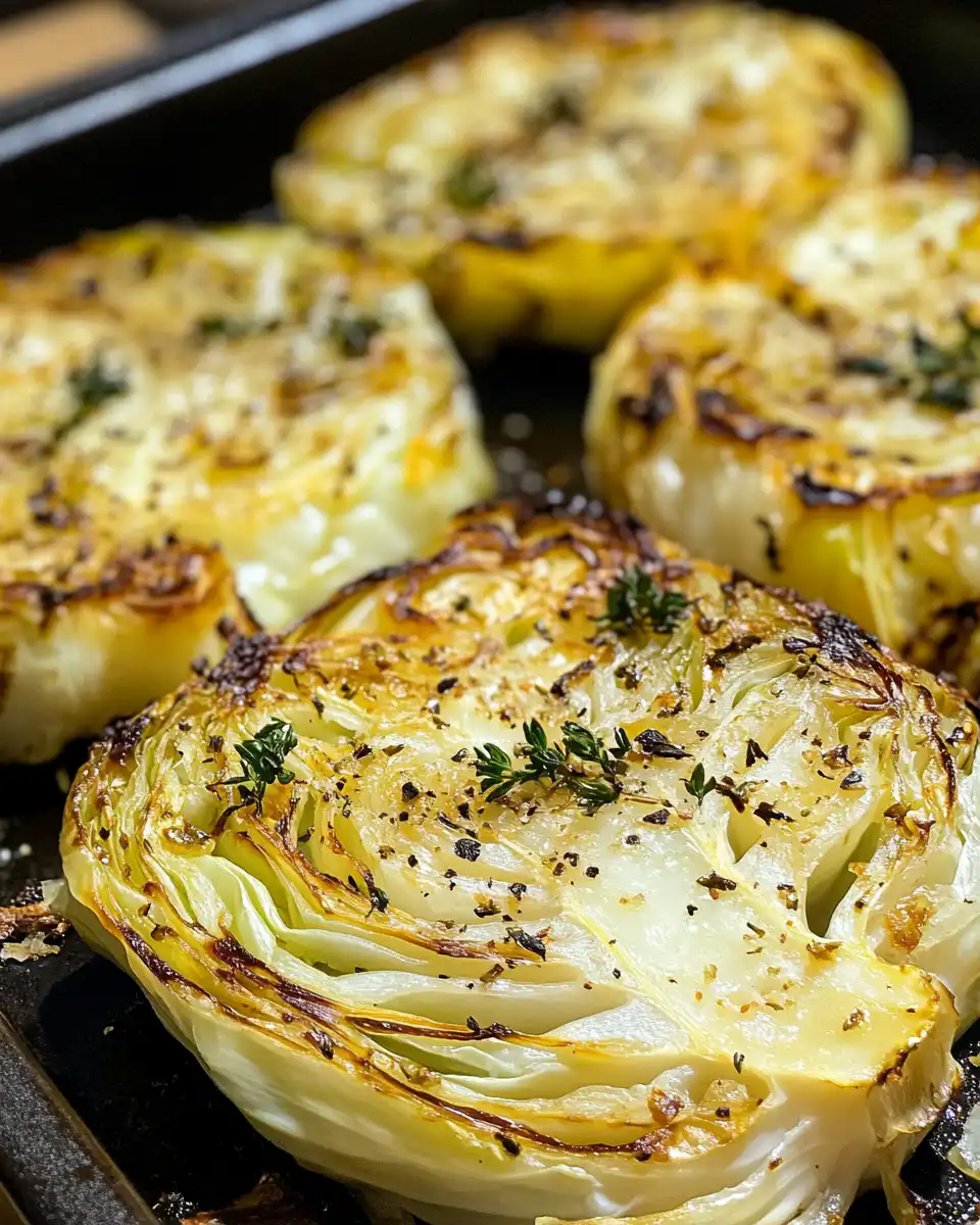 Fresh garlic rubbed cabbage steaks before roasting