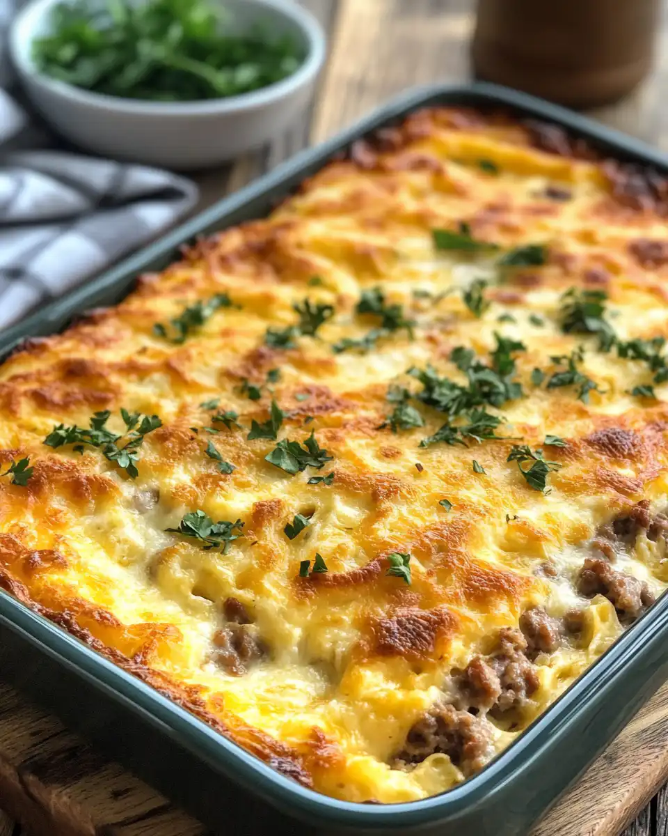 Ingredients mixed in bowl for pancake sausage cheese casserole