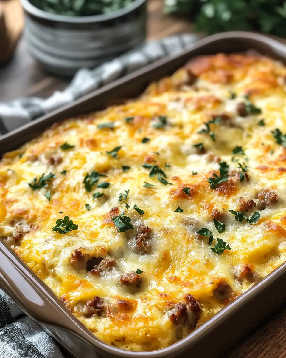 Sliced cheesy pancake casserole with sausage and bacon ready to serve