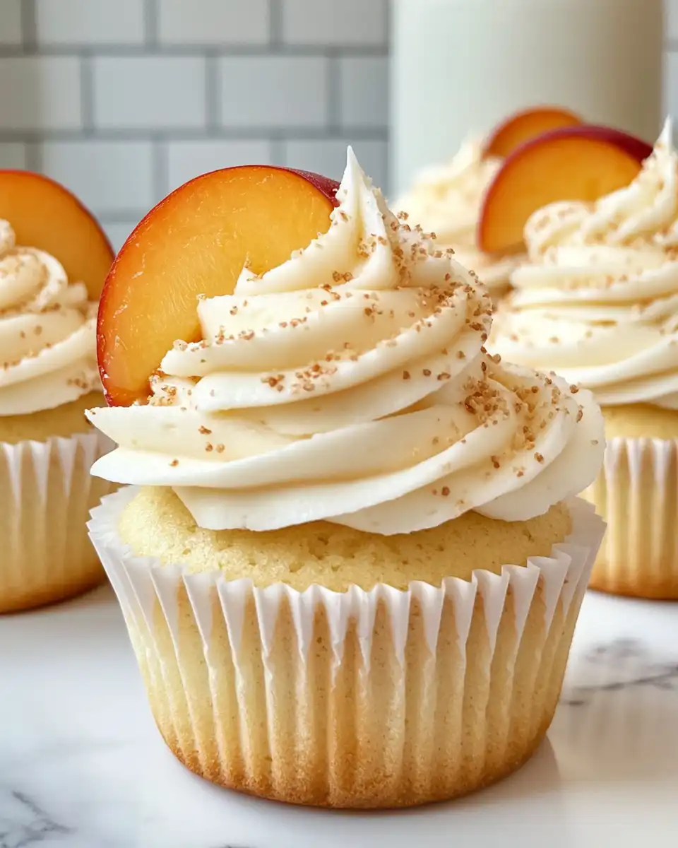 Ingredients for peach bellini cupcakes including fresh fruit and champagne