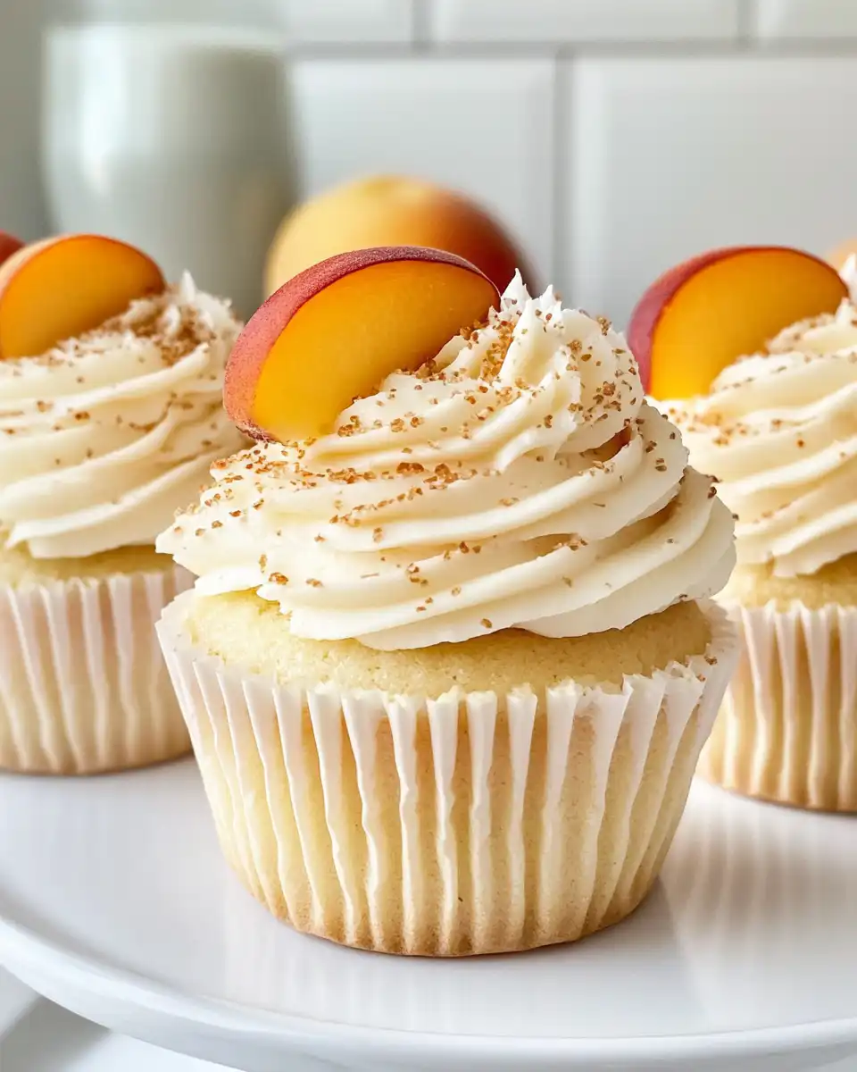Close up of finished peach bellini cupcakes with creamy frosting and fruit