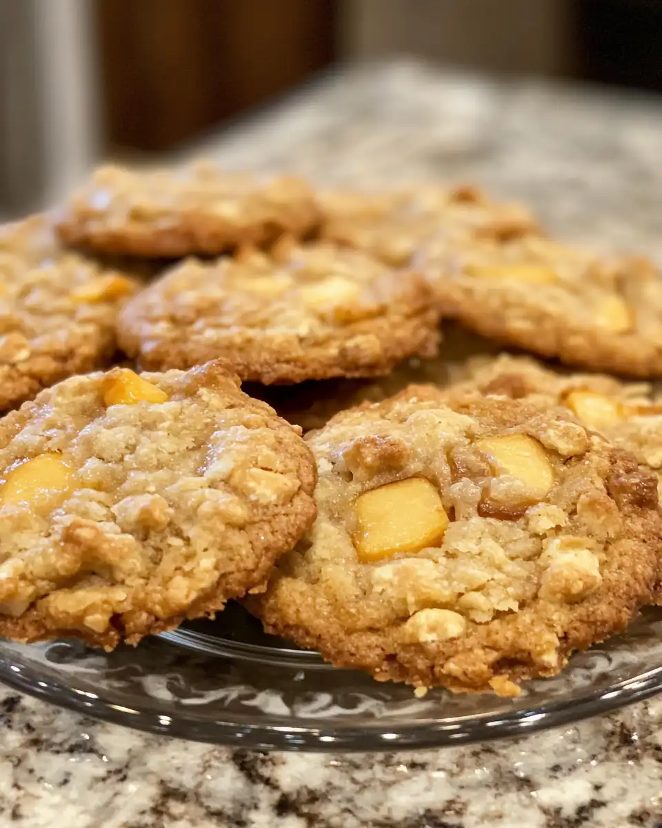 Close-up of key ingredients for peach cobbler cookies including fresh peaches and spices