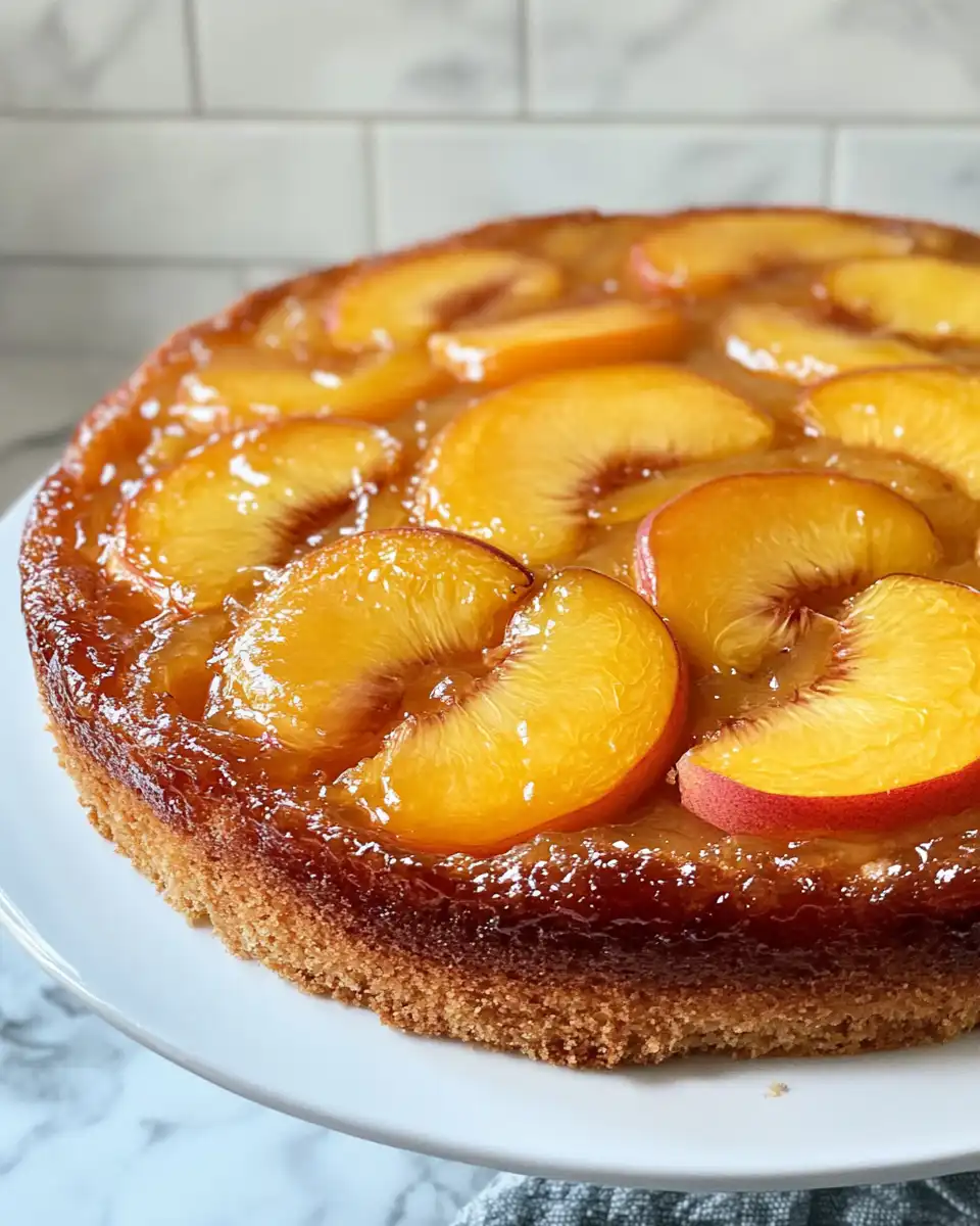 Slice of peach upside down cake served with whipped cream
