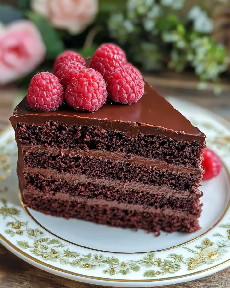 Slice of chocolate raspberry truffle cake with ganache