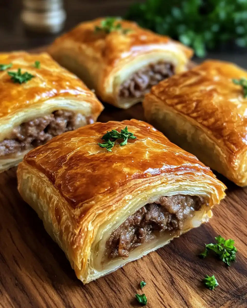 Served mini beef Wellington bites showing golden flaky puff pastry and juicy filling