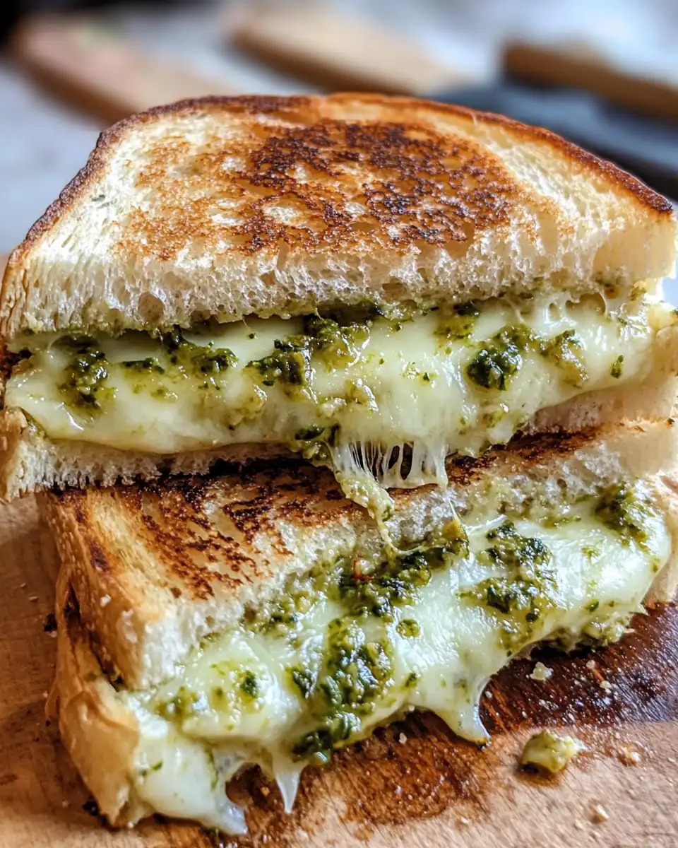 Finished pesto grilled cheese sandwich on plate with fork served