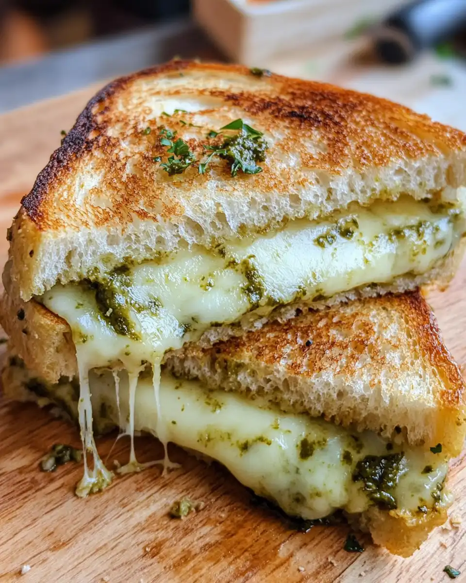 Close-up shot of melted cheese sandwich with pesto in pressure cooker