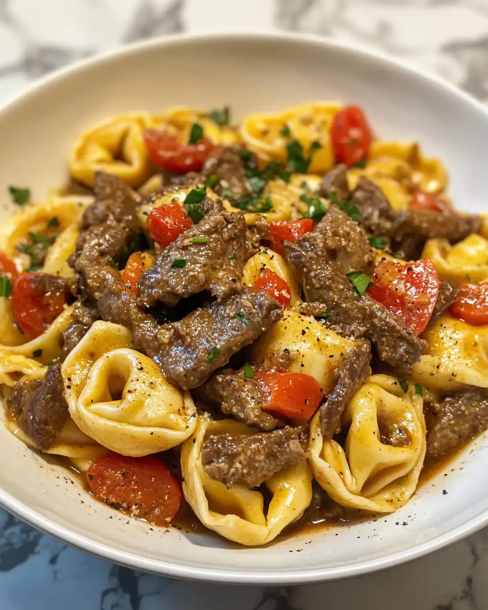 Cheesy Philly cheesesteak tortellini close-up