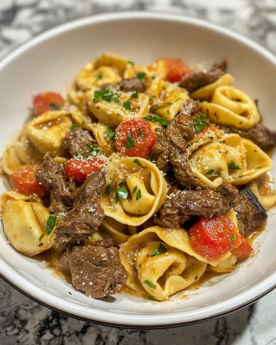 Creamy Philly cheesesteak tortellini pasta in a dish