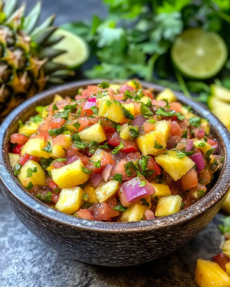 Ingredients for pineapple chipotle salsa mixed in a bowl