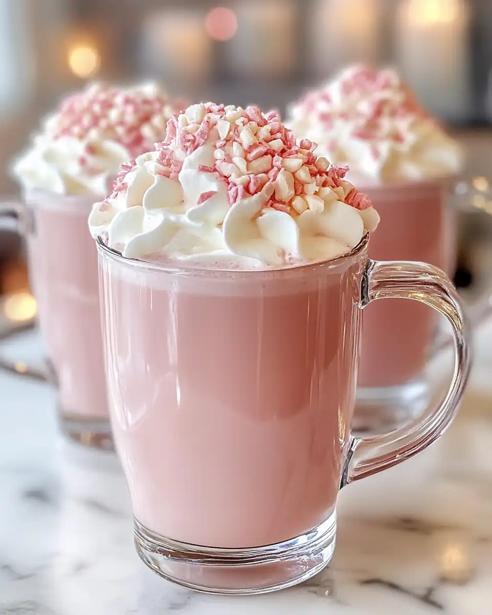 Close up of creamy Valentine Pink Hot Chocolate topped with whipped cream