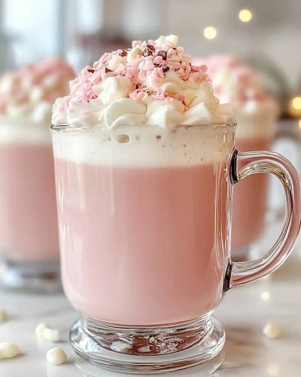 Freshly prepared Valentine Pink Hot Chocolate in mugs with steam