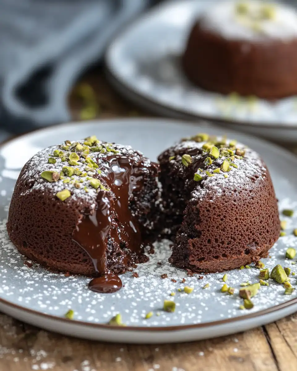 Served pistachio chocolate lava cakes with chopped pistachios on top
