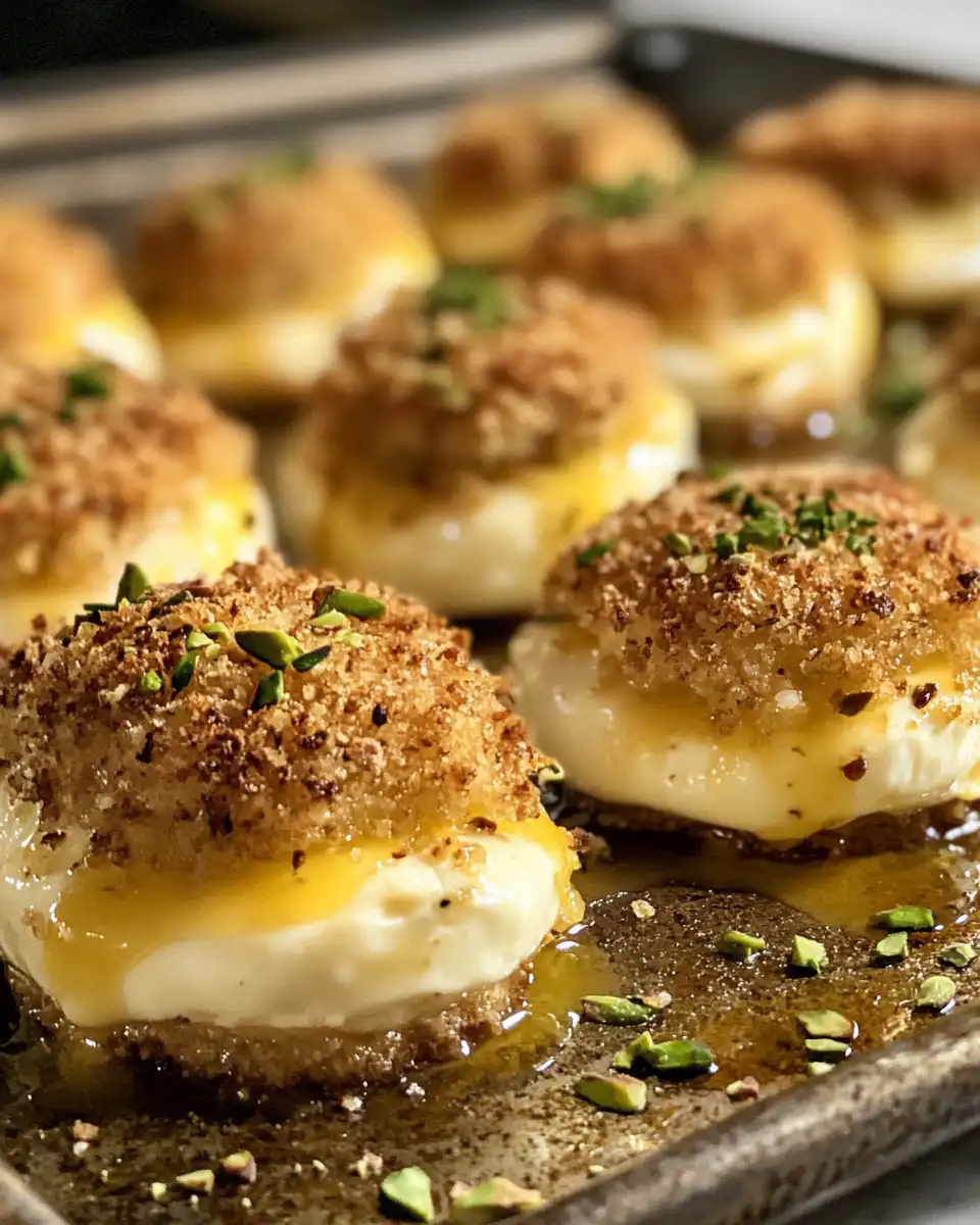 Finished cranberry brie bites baked golden brown with pistachio topping