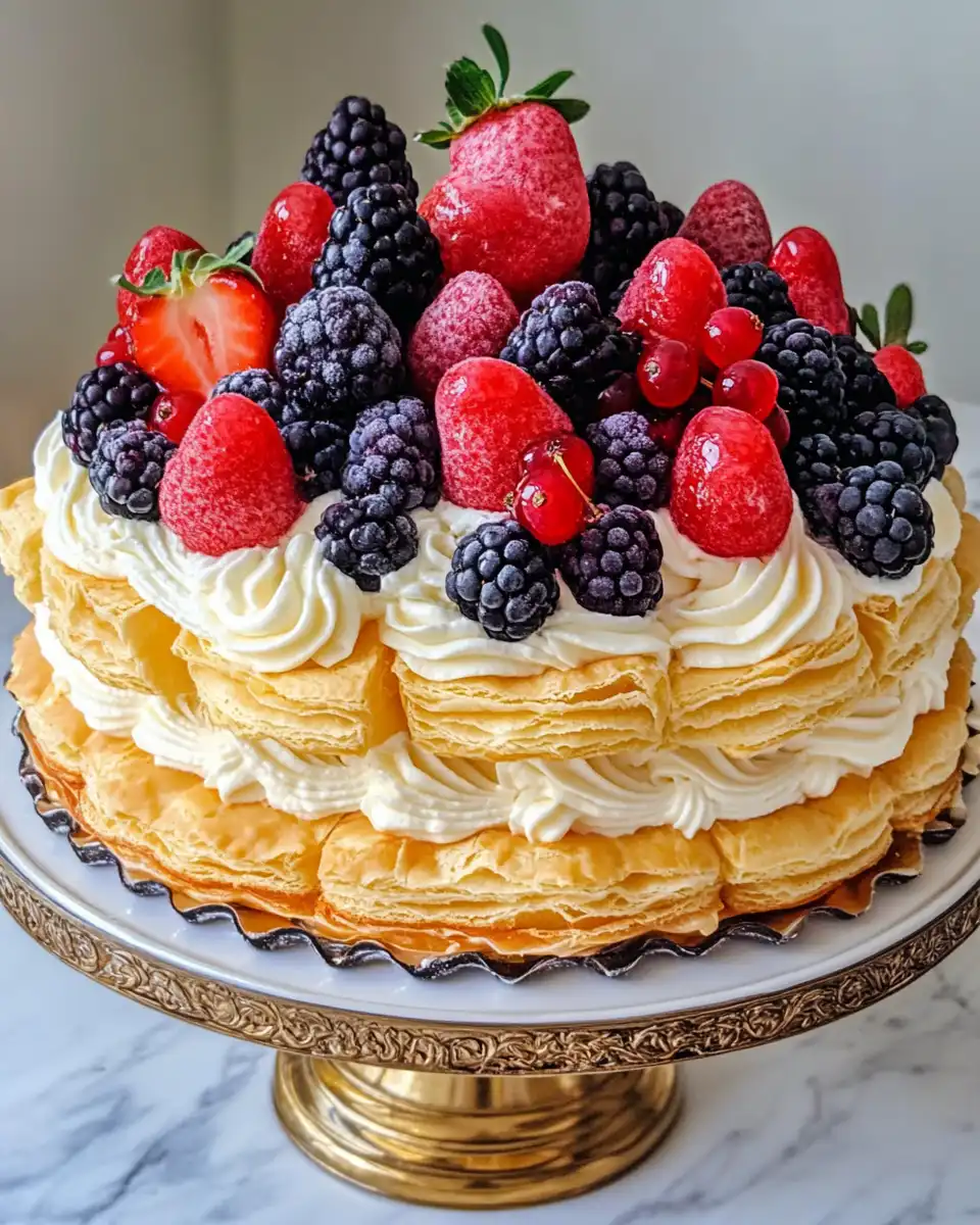Sliced puff pastry berry cream cake with dark chocolate drizzle