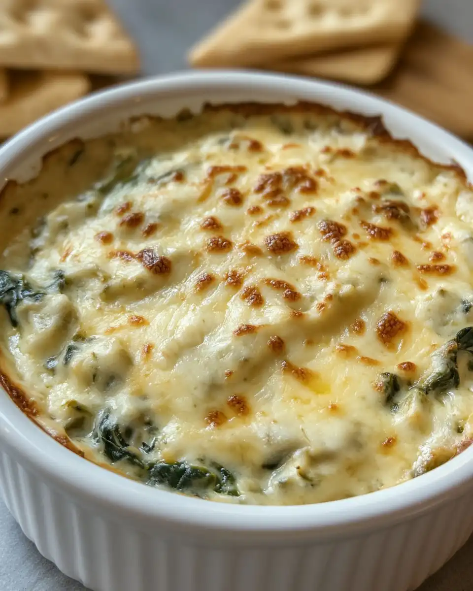 Warm cheesy spinach dip served in a bowl ready to enjoy