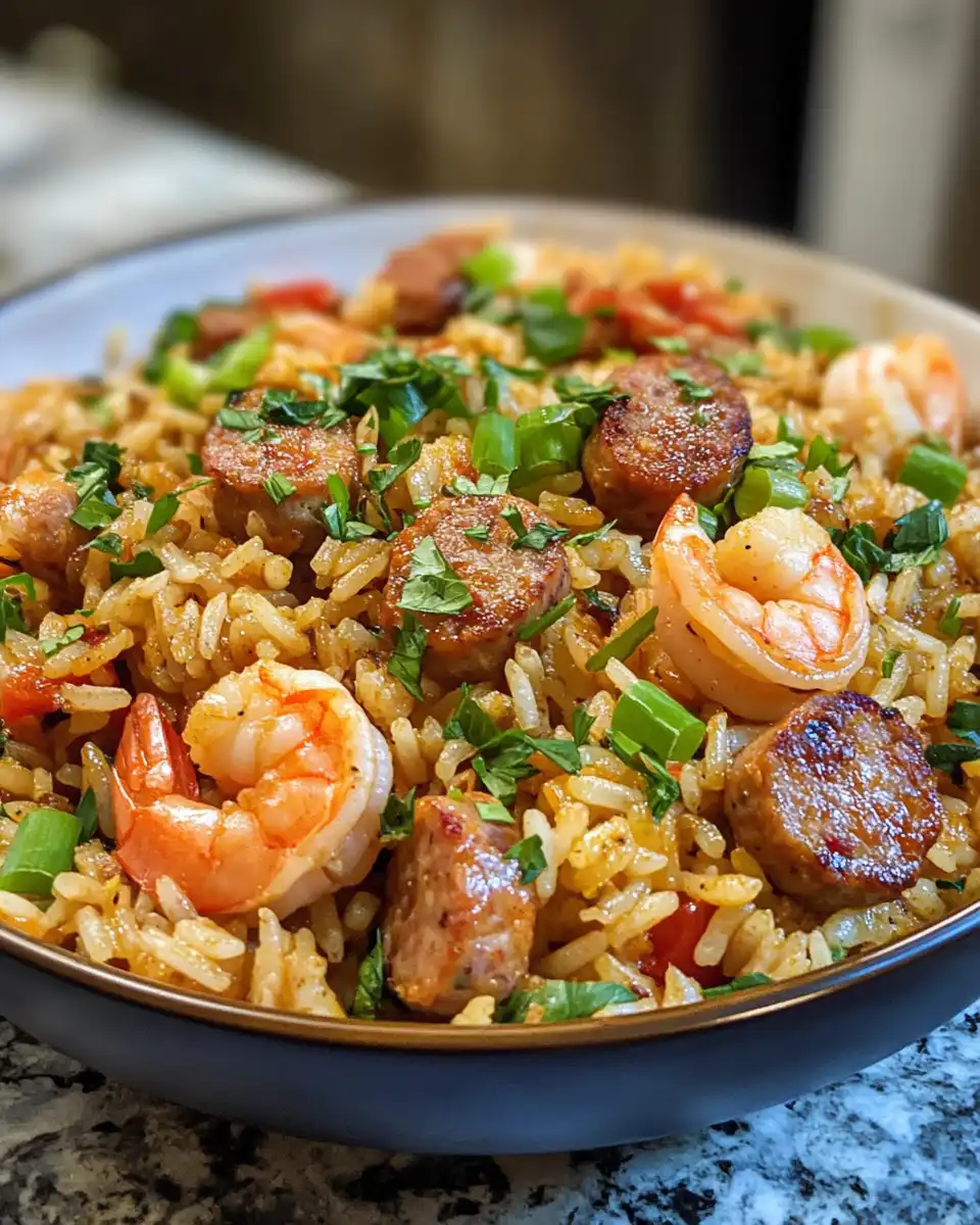Ingredients for Cajun shrimp sausage dirty rice with peppers and herbs on counter