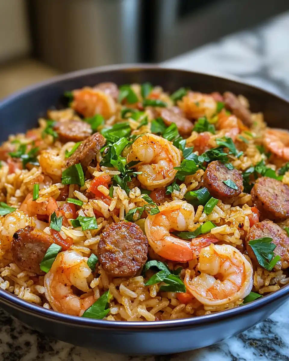 Plated Cajun shrimp and dirty rice garnished with parsley and lemon wedges