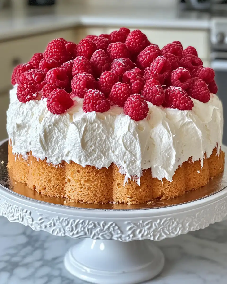 Slice of raspberry angel food cake with whipped cream