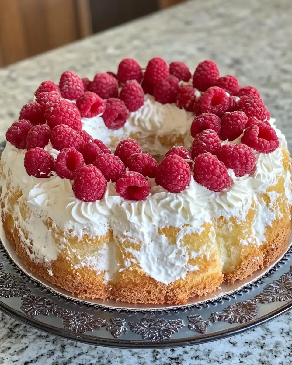 Whipped raspberry cream topping for angel food cake