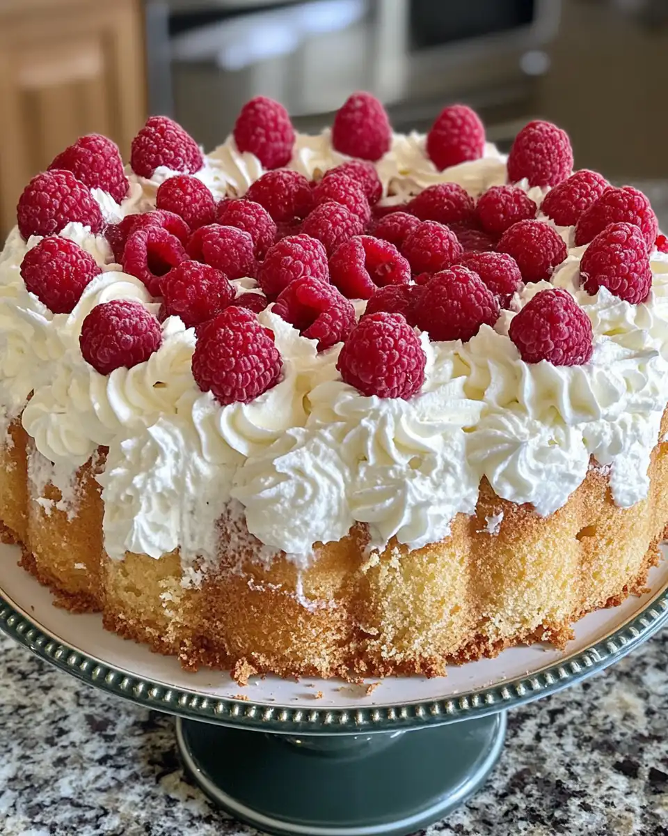 Sliced angel food cake with raspberry cream topping
