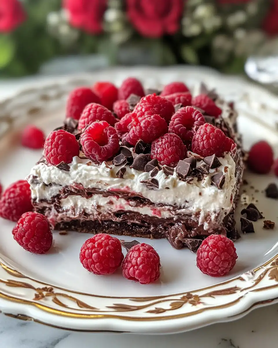 Completed Raspberry Chocolate Lasagna chilled and sliced