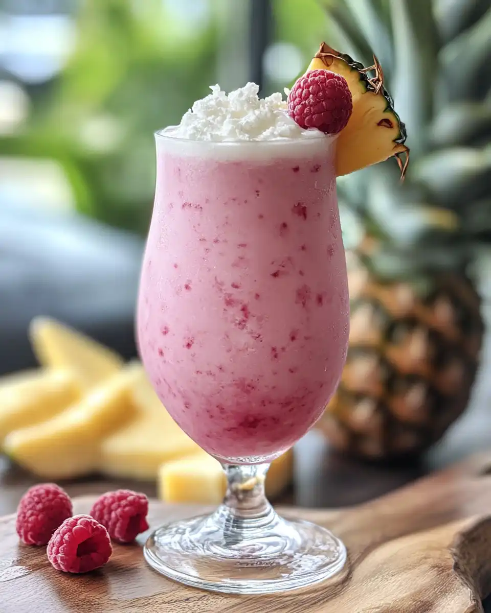 Ingredients for Raspberry Colada including fresh raspberries and pineapple wedges