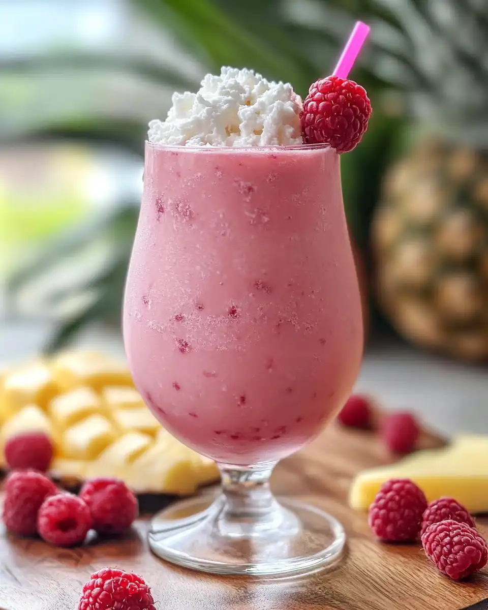 Raspberry Colada cocktail served with raspberry garnish and pineapple wedge