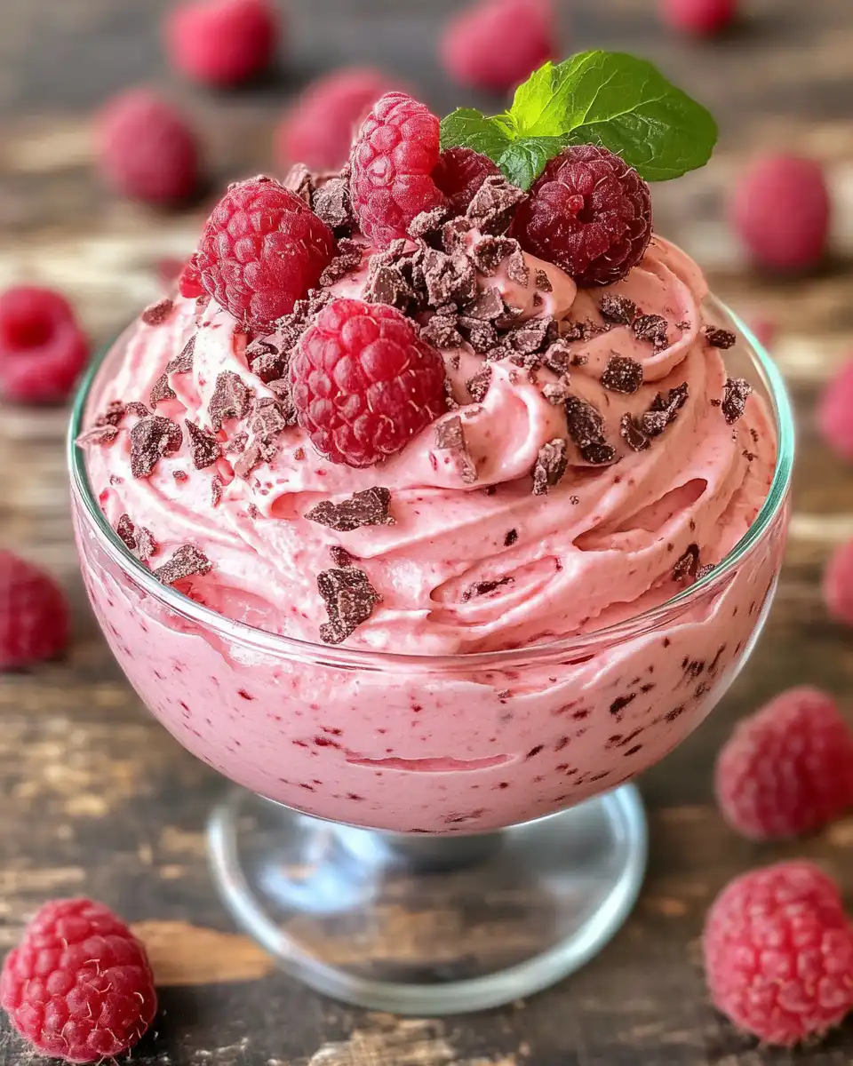 Serving of raspberry mousse topped with raspberry sauce