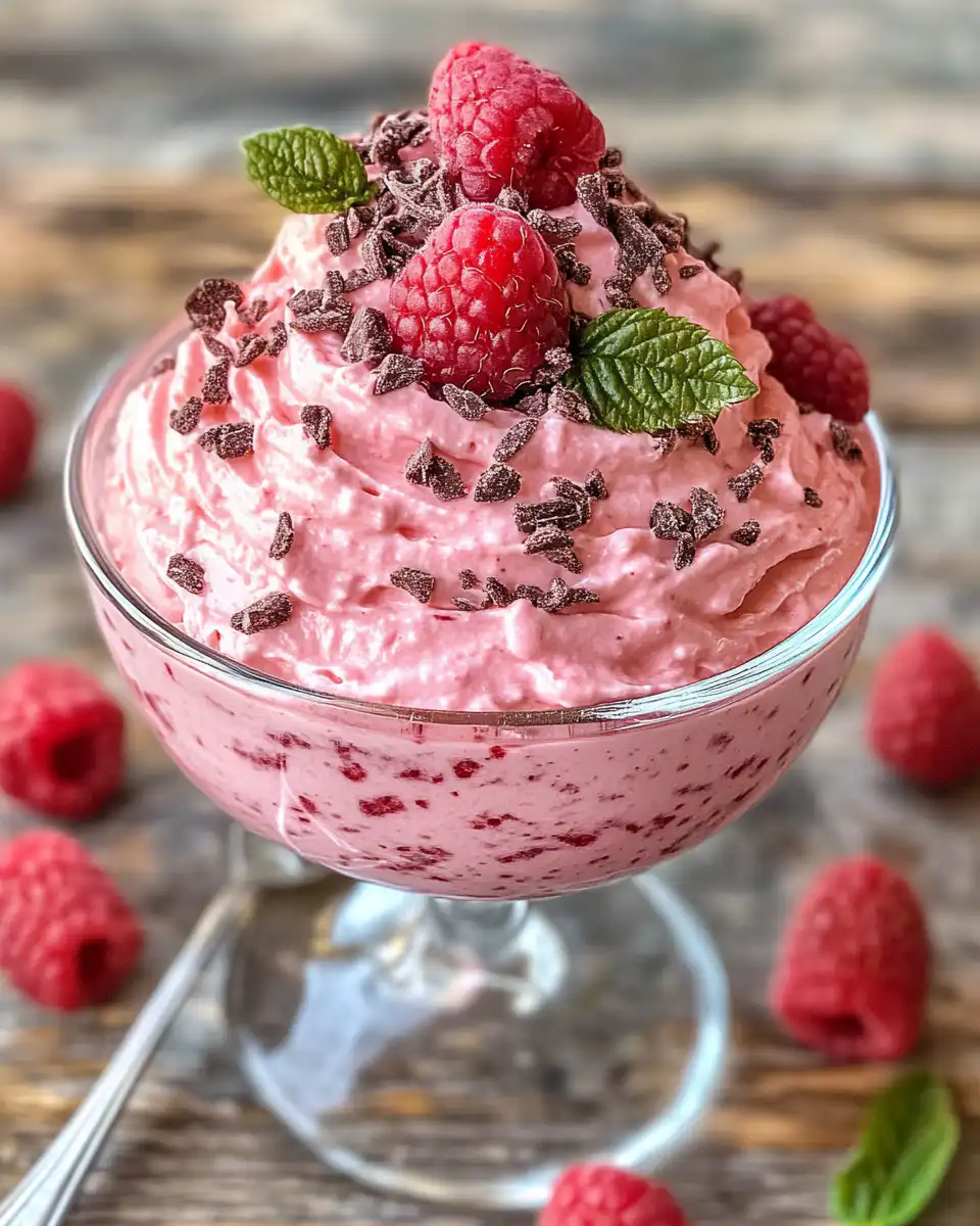Close up of homemade raspberry mousse in a glass